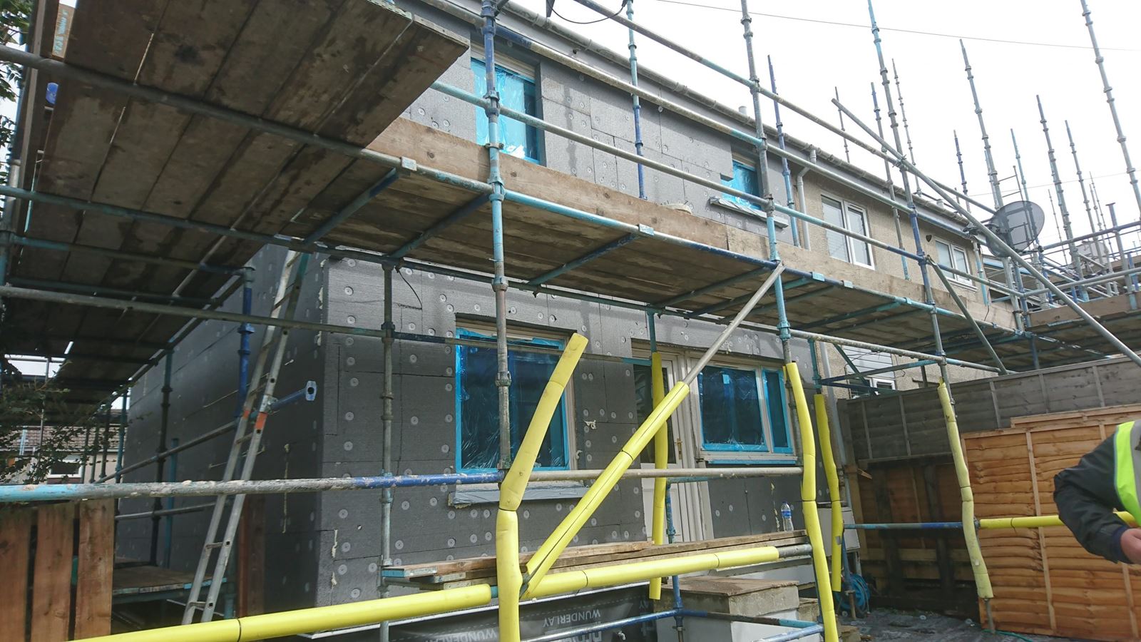 scaffolded frontage for solid wall insulation Edinburgh