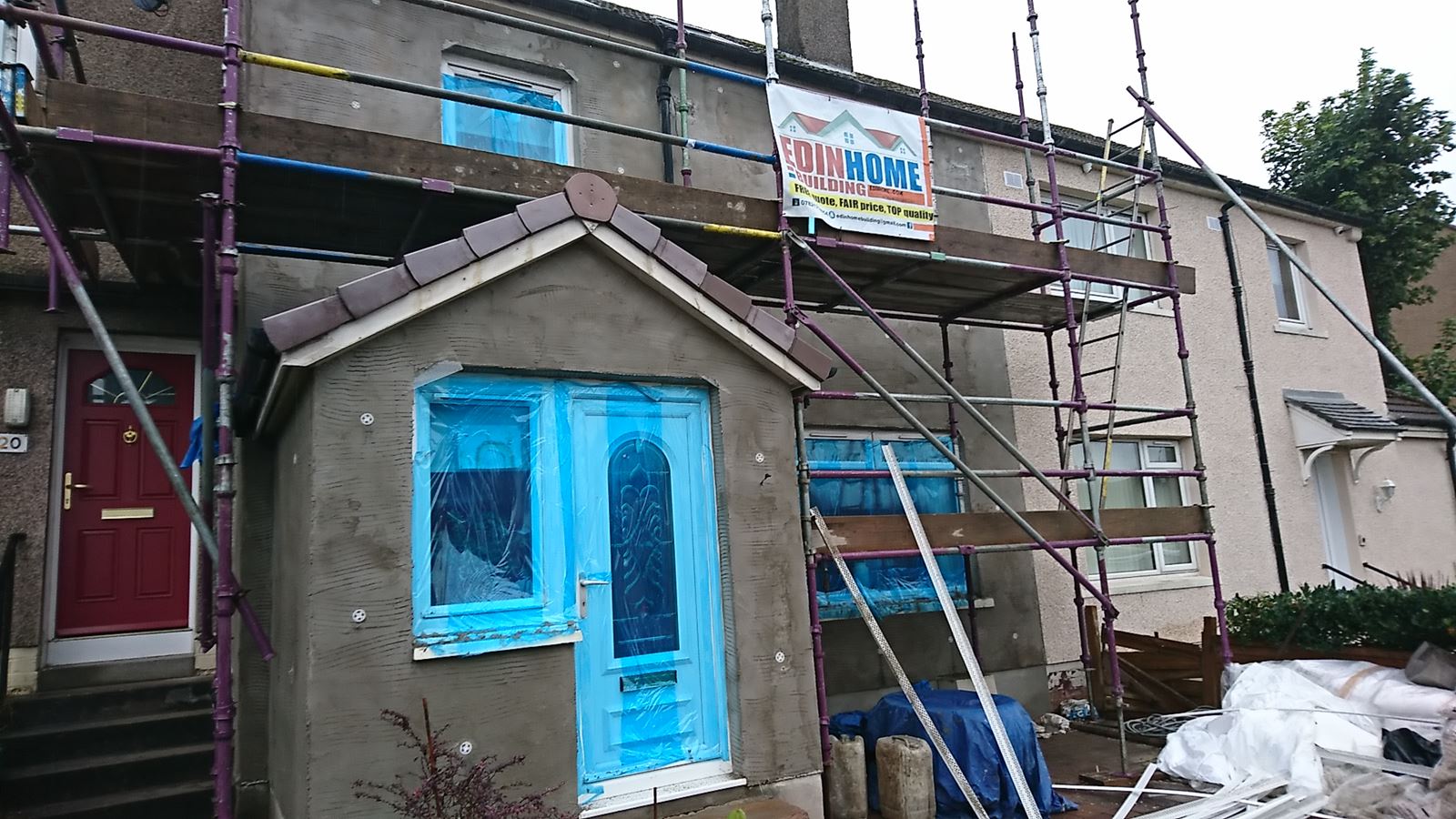 porch entrance under scaffold roughcasting Edinburgh