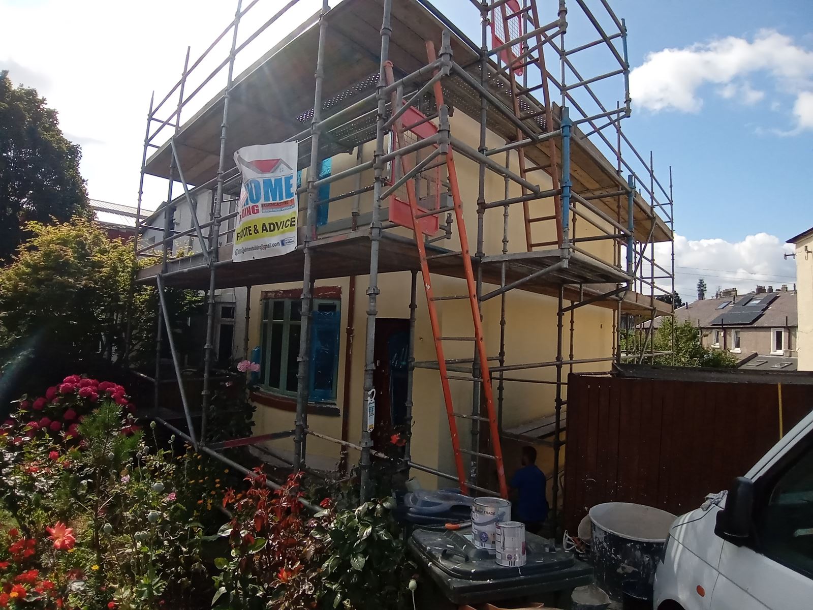 roughcasting Edinburgh with scaffolding and work in progress