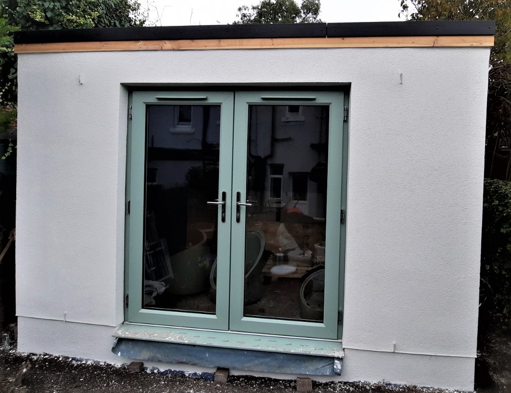 close-up of rear patio with roughcast render Edinburgh