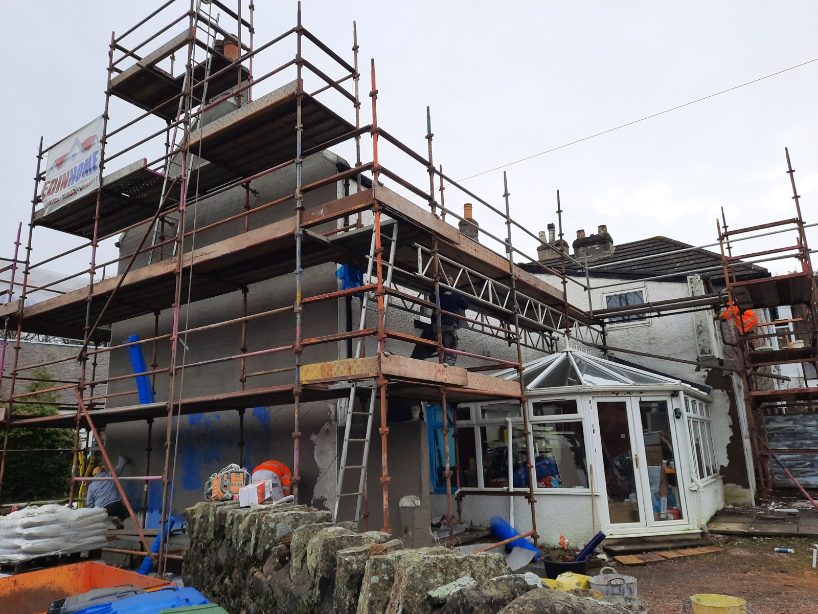 scaffolding around property for solid wall insulation Edinburgh