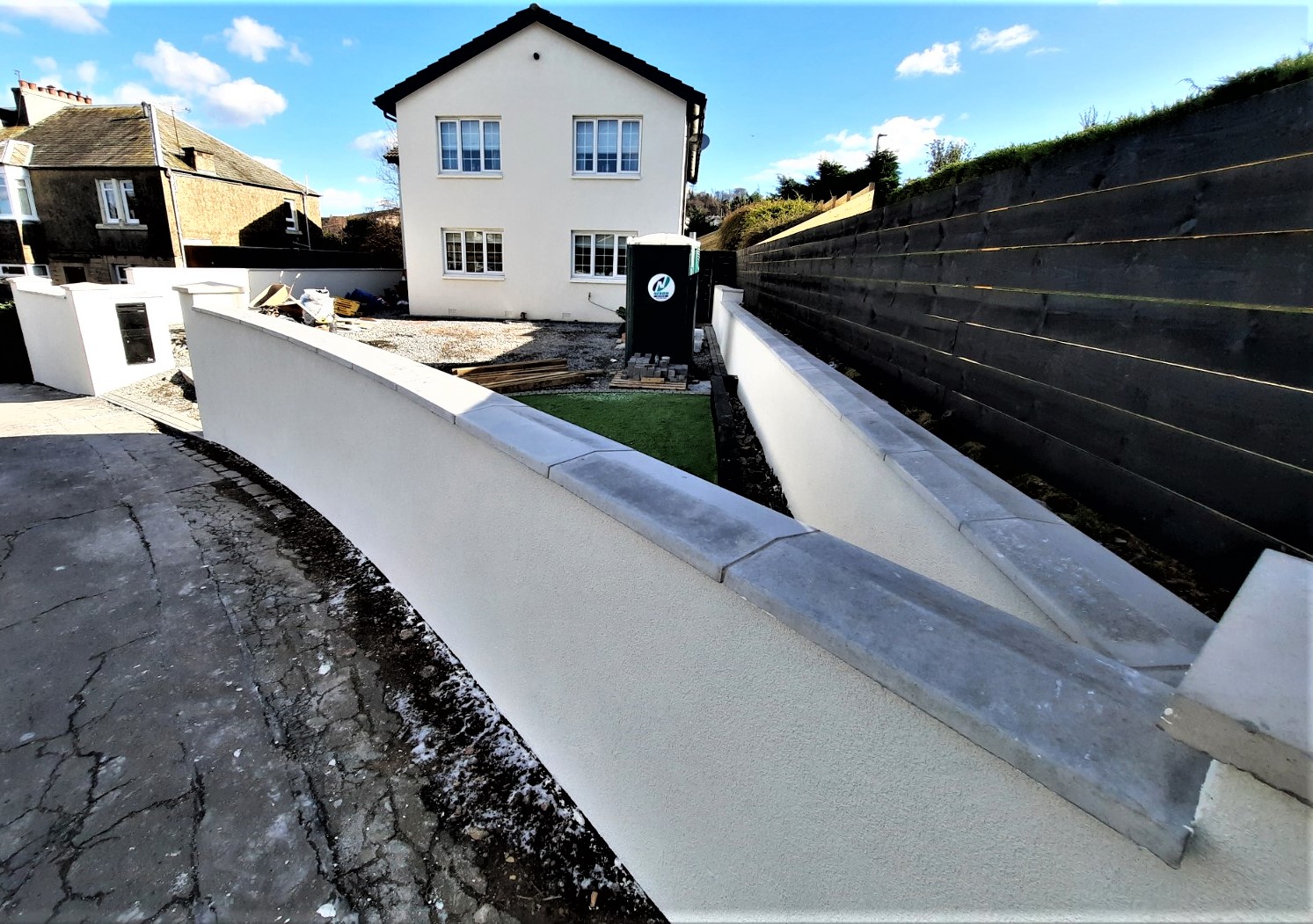 driveway wall freshly finished with external wall insulation Edinburgh