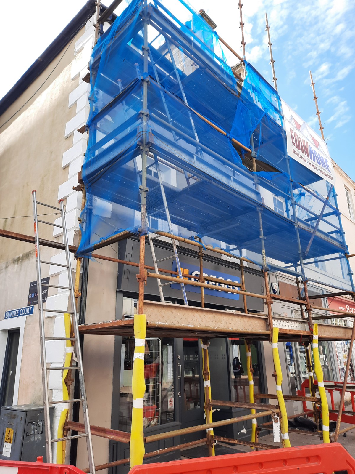 blue scaffolding for external wall insulation Edinburgh