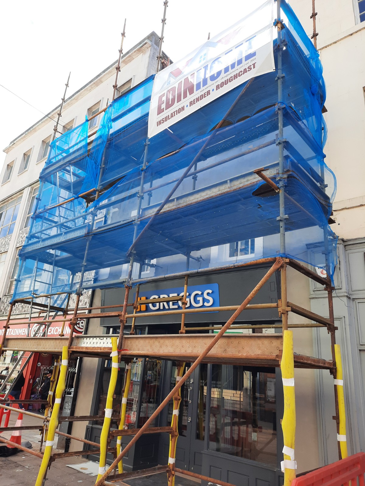 blue scaffolding during external wall insulation Edinburgh