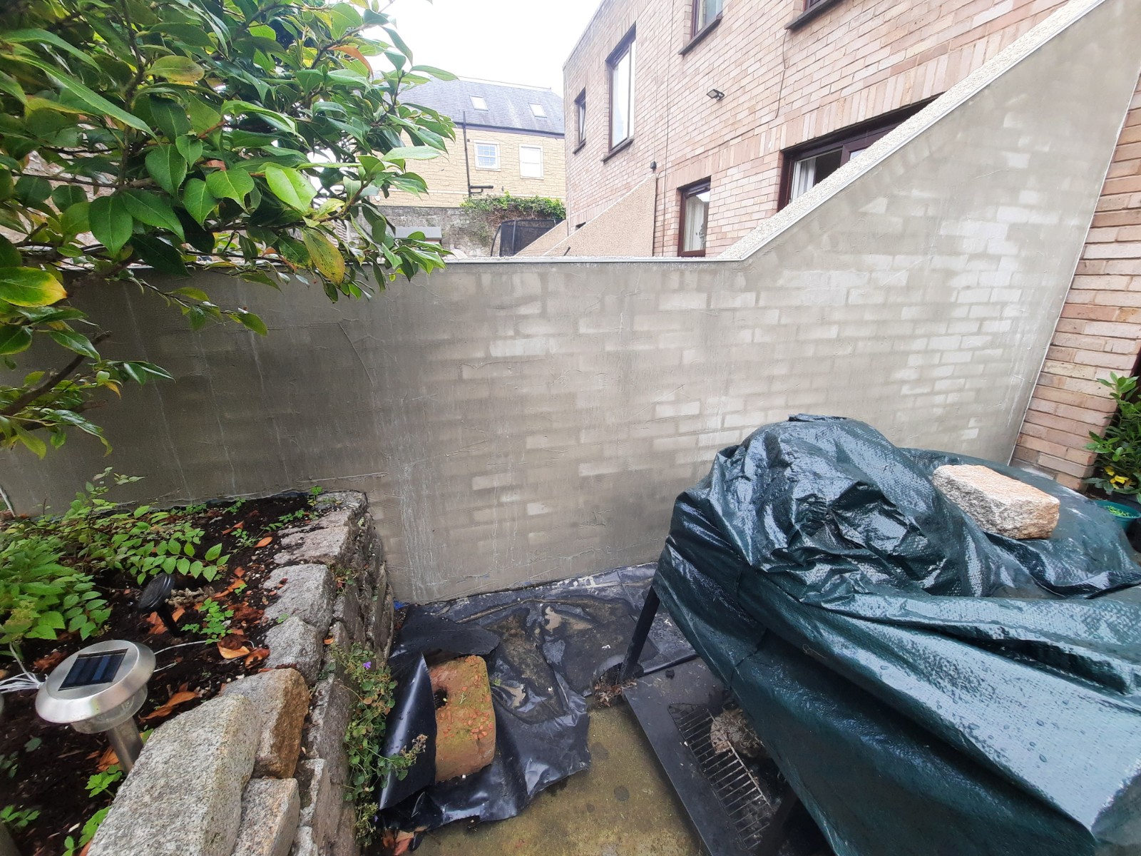 roughcast render repair on courtyard wall near plants