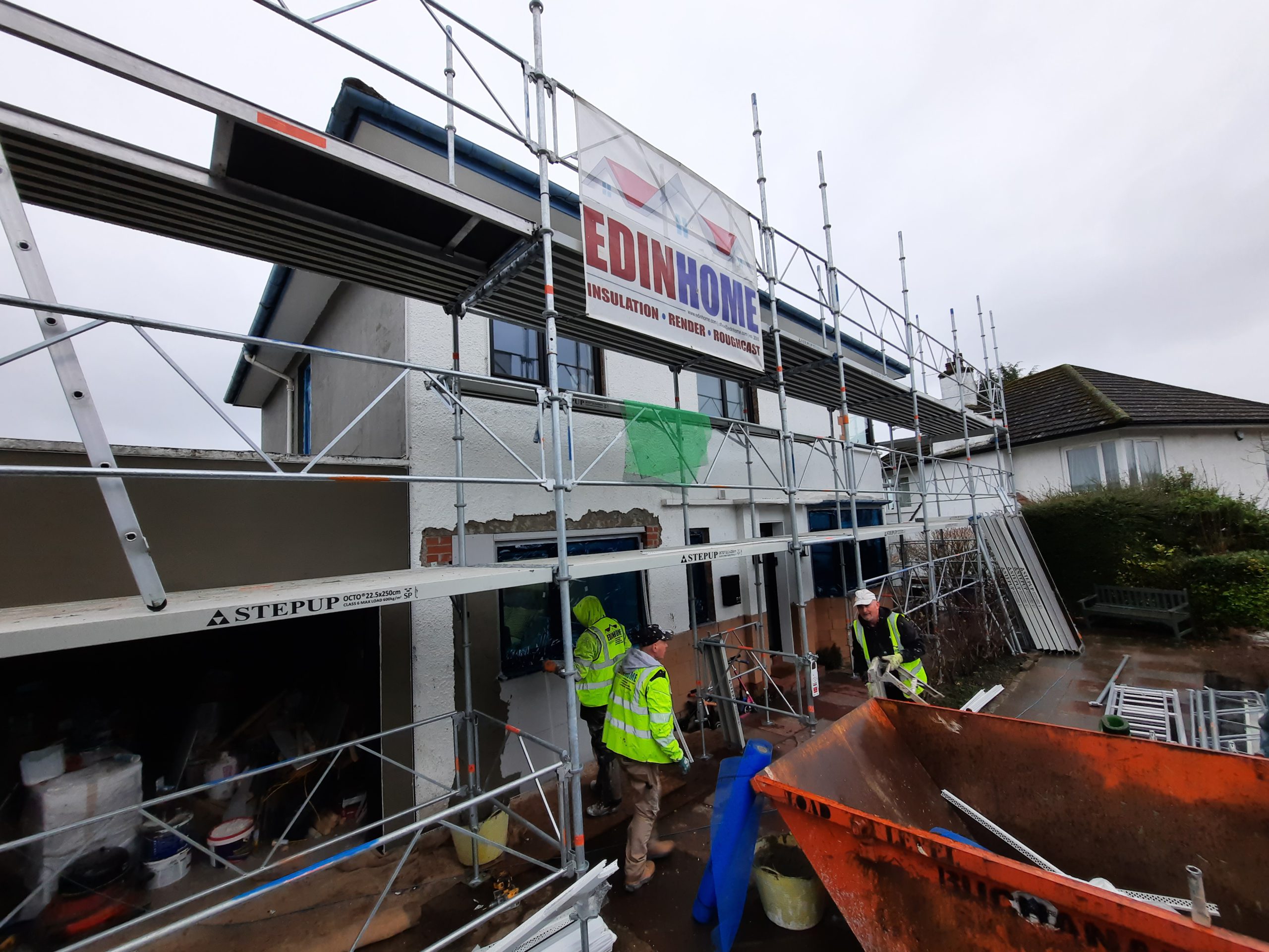 external wall insulation Edinburgh mid-installation under scaffolding