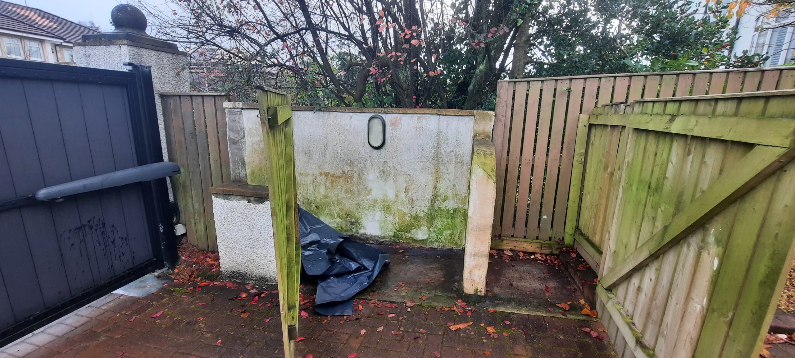 roughcast repair on moss-covered garden wall