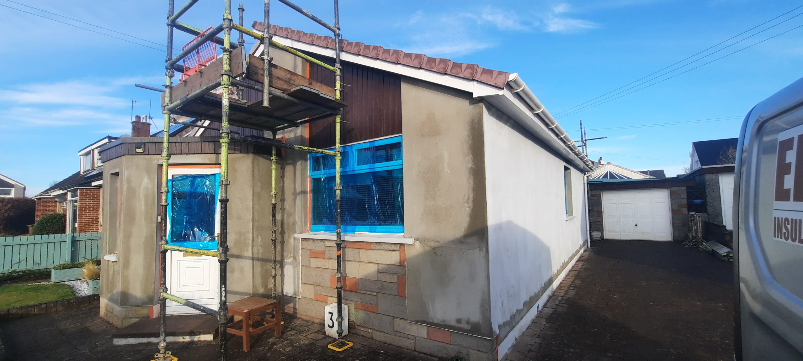 roughcast render repair on new front extension
